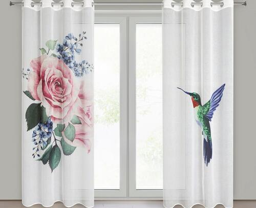 Dekoračná záclona s krúžkami - Lia z ľahkej gázy v ekologickom štýle s kvetinami, 140 x 260 cm